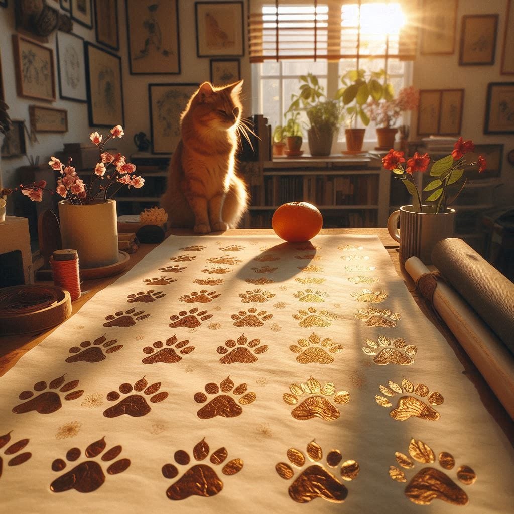 Ginger cat sitting on a table with paw-print cloth in a warm sunlit room