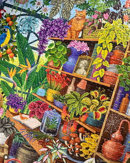 Colorful illustration of garden shelves with poted plants, flowers, a cat, and a parrot among tropical foliage