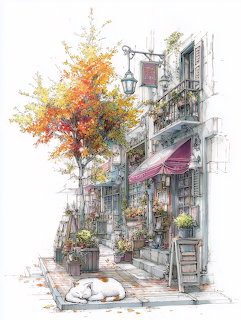 Cat Sleeping by Autumn Café