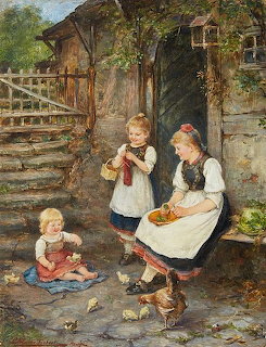 Vintage painting of children feeding chickens outside cottage with woman in traditional dress
