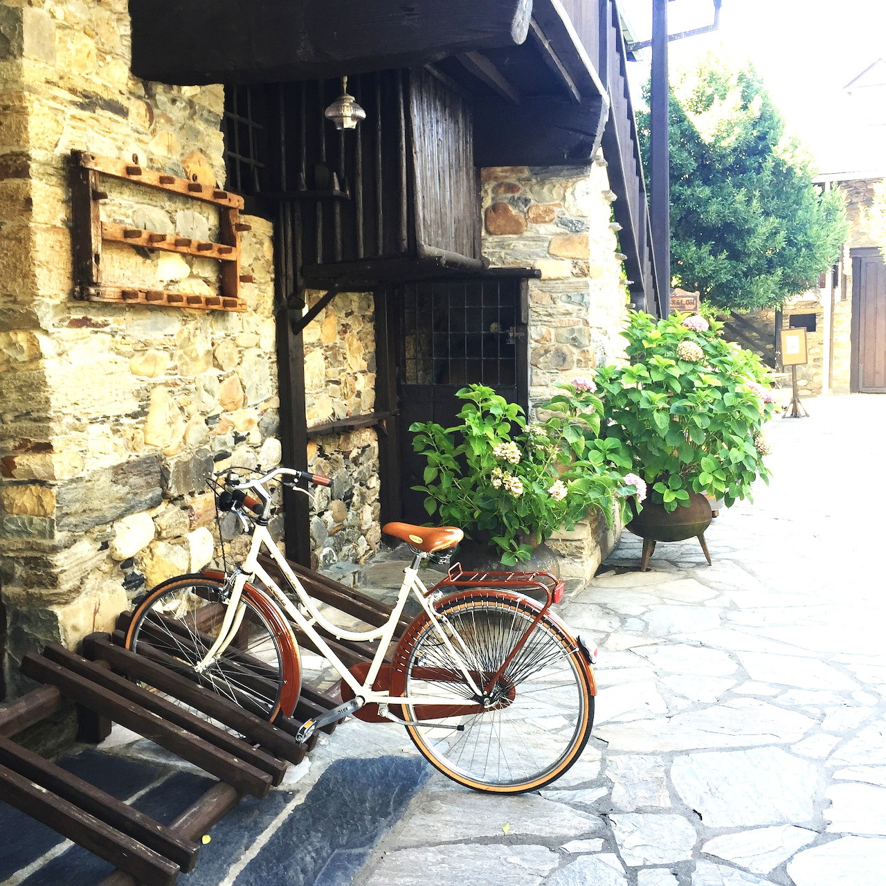 Vintage bicycle parked under stone archway with plants on cobblestone street