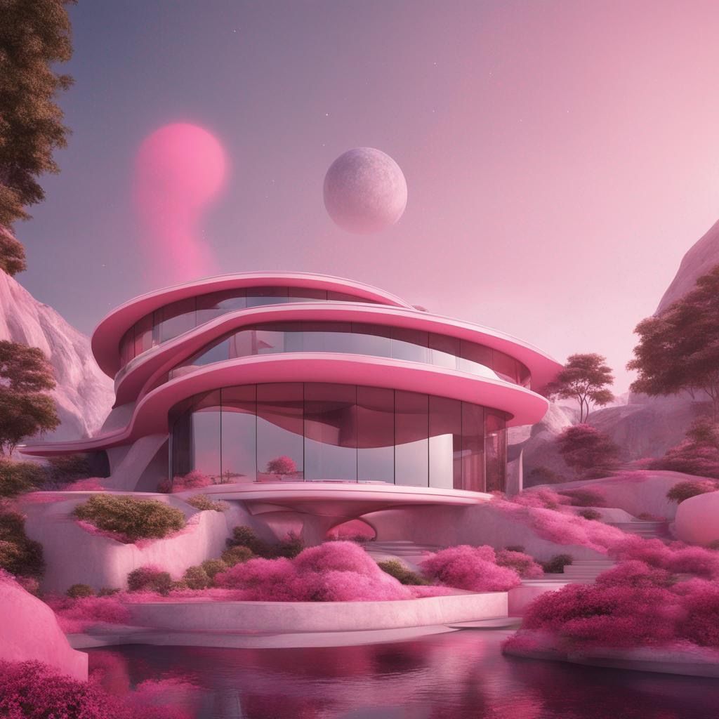 Futuristic pink and white curved house on alien planet with pink foliage and multiple moons in sky