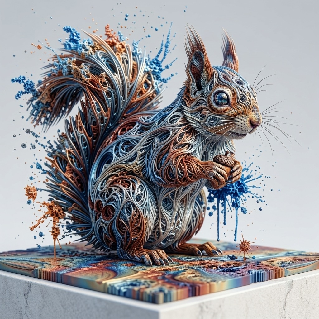 Decorative squirrel sculpture with ornate swirling patterns in blue and brown colors holding an acorn
