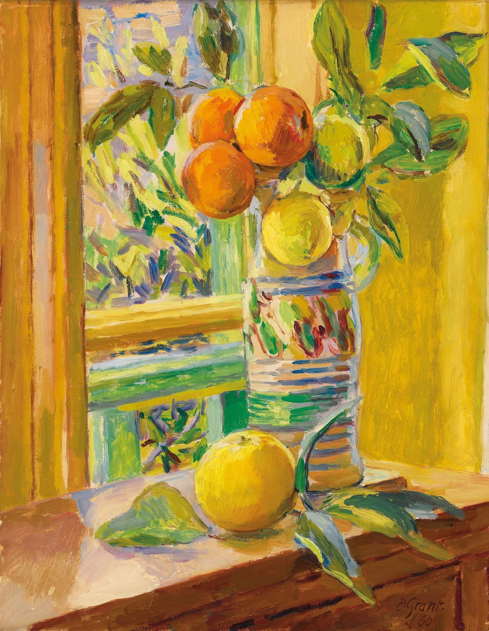 Impressionist still life painting of citrus fruits in vase with yellow curtains and fruit on table