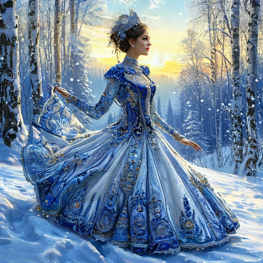 Woman in elaborate blue dress and crown in snowy forest with birch trees and golden sunset sky