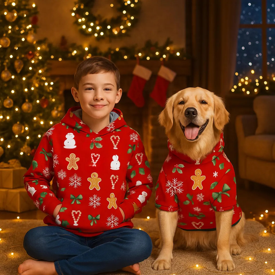 Boy and golden retriever in matching Christmas sweaters sitting by a lit tree and fireplace