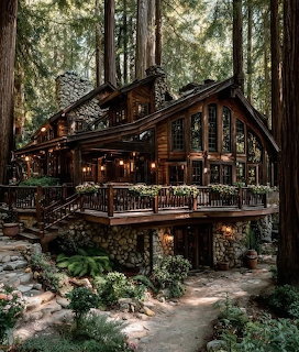 Rustic wooden and stone cabin with lit windows surrounded by tall redwood trees and ferns