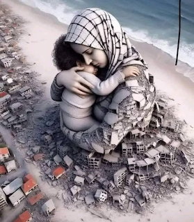 Illustration of a mother in a headscarf holding a child, both formed from rubble beside the sea