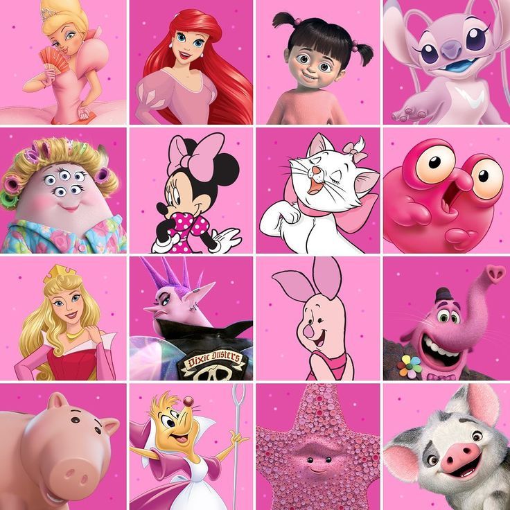 Grid of 16 Disney characters including Ariel, Stitch, Marie, Minnie Mouse, and Piglet on pink backgrounds