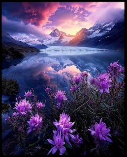 Purple wildflowers by an alpine lake reflecting snow-capped mountains under a dramatic sunset sky