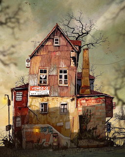 Illustration of a weathered old house with a steep roof, chimney, and bare tree against a cloudy sky