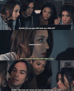 Collage of Pretty Little Liars TV show scenes with dialogue text overlays featuring four characters