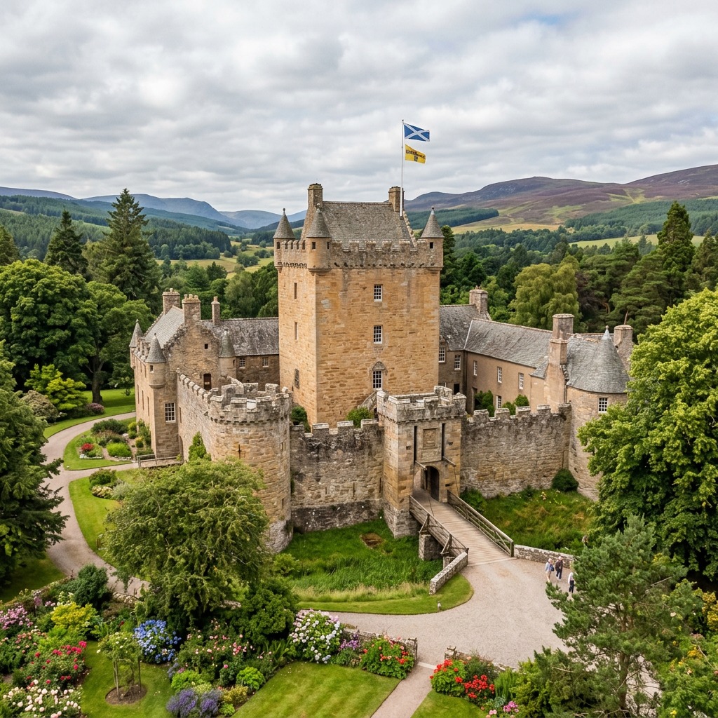 Cawdor Castle surrounded by gardens and green hills in Scotland