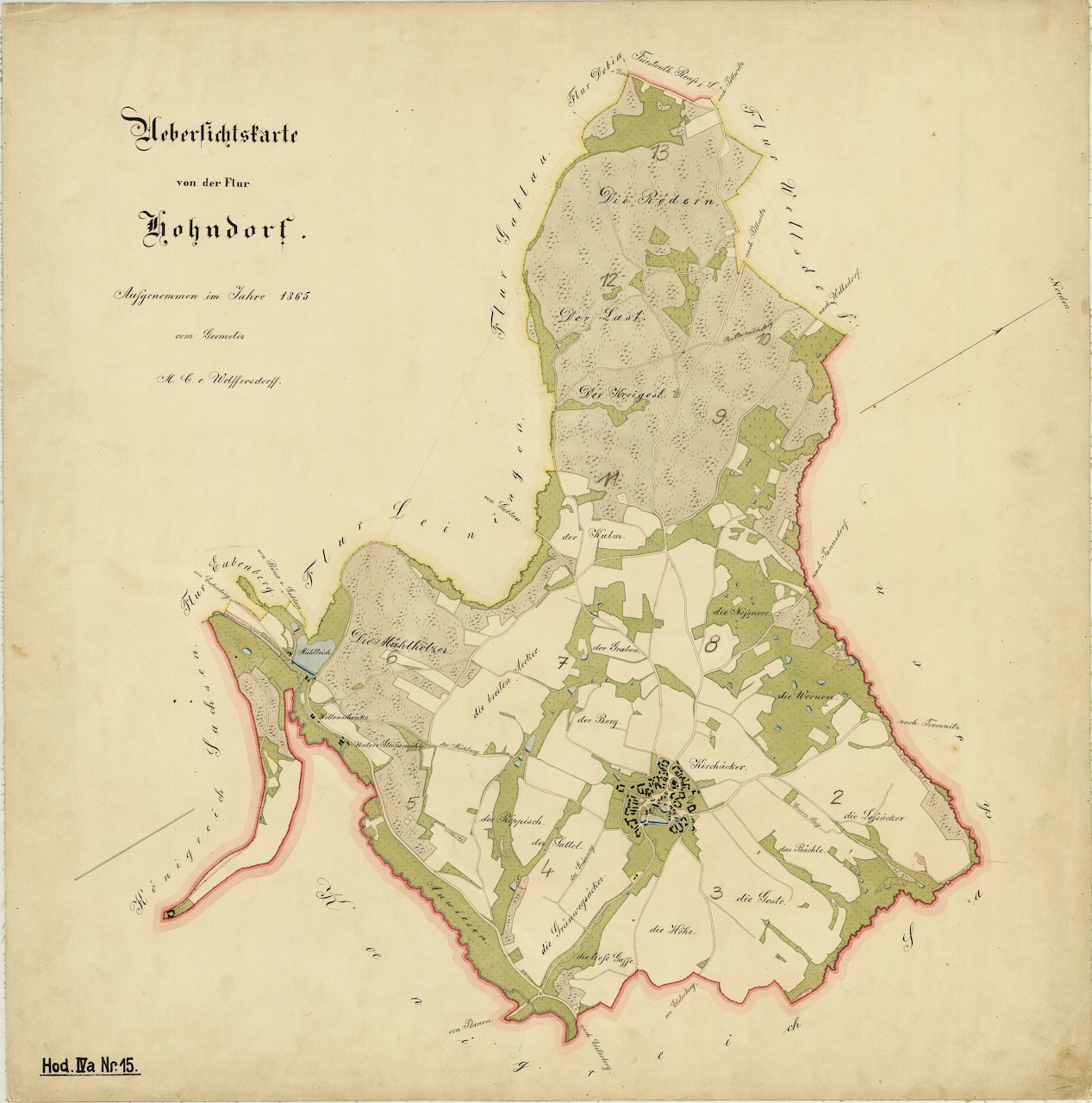 Antique 1865 map of Hohndorf with land plots, roads, and coastline on aged paper