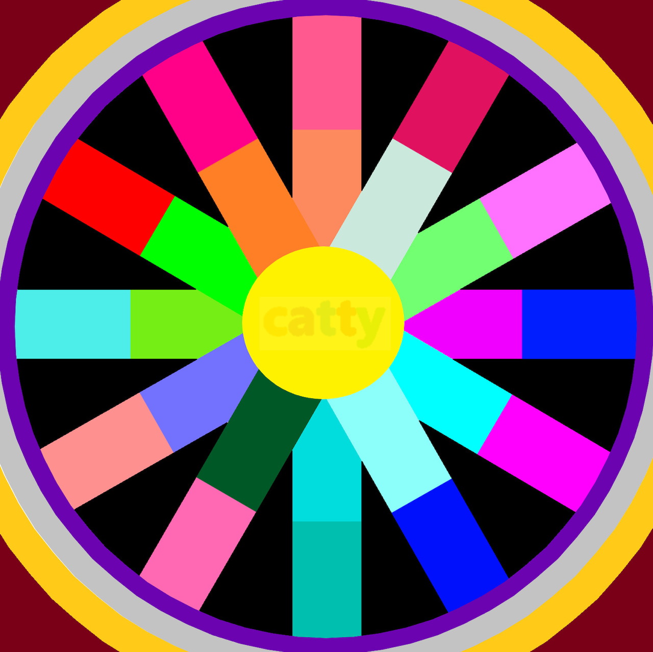 Colorful wheel with multicolored radiating segments and yellow center on dark background