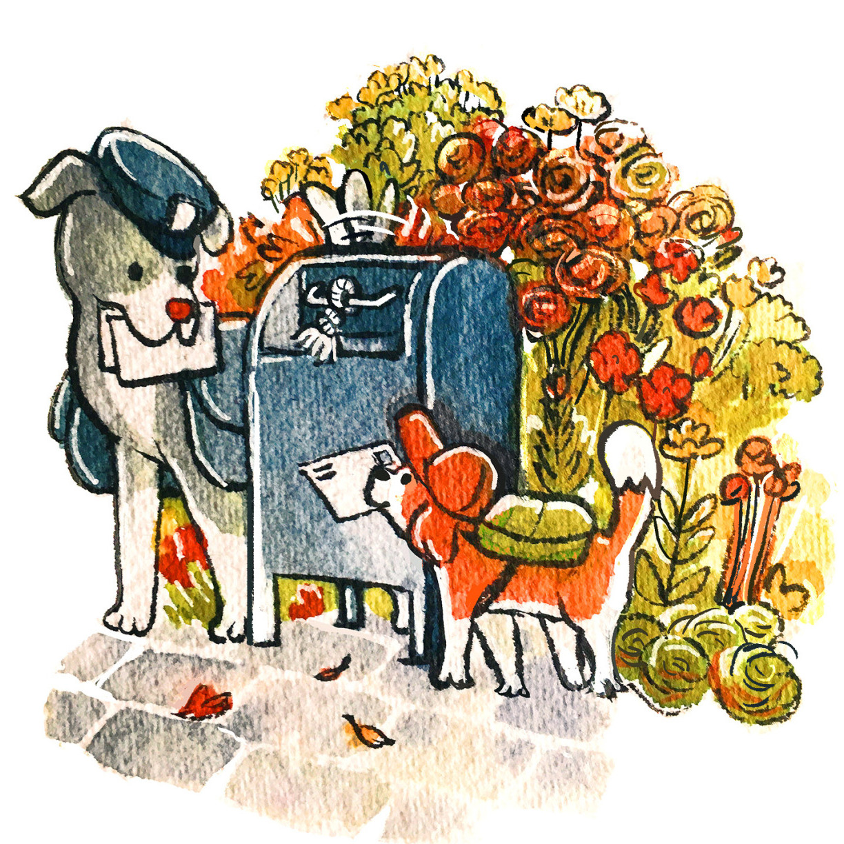 Illustration of two dogs mailing letters at a blue mailbox beside bright flowers
