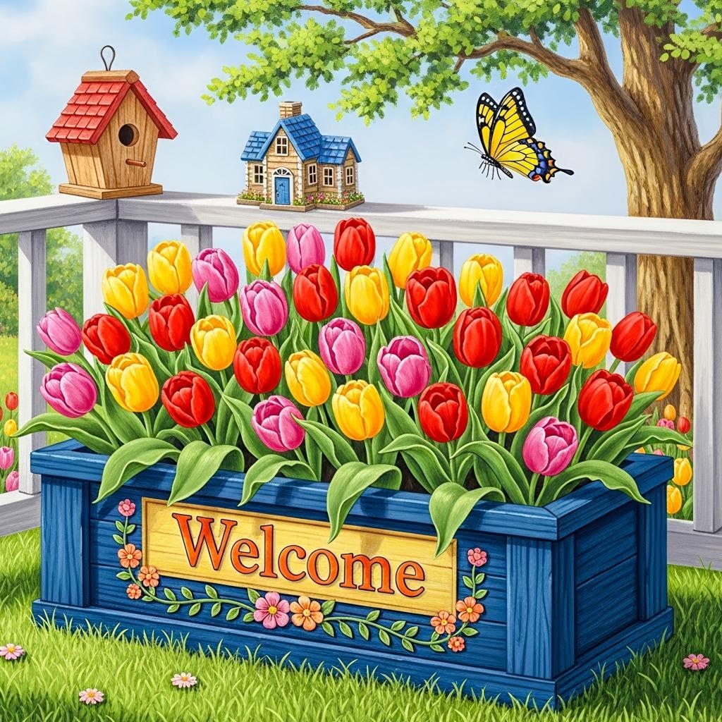 Illustration of colorful tulips in a blue welcome planter with a birdhouse, butterfly, and tree