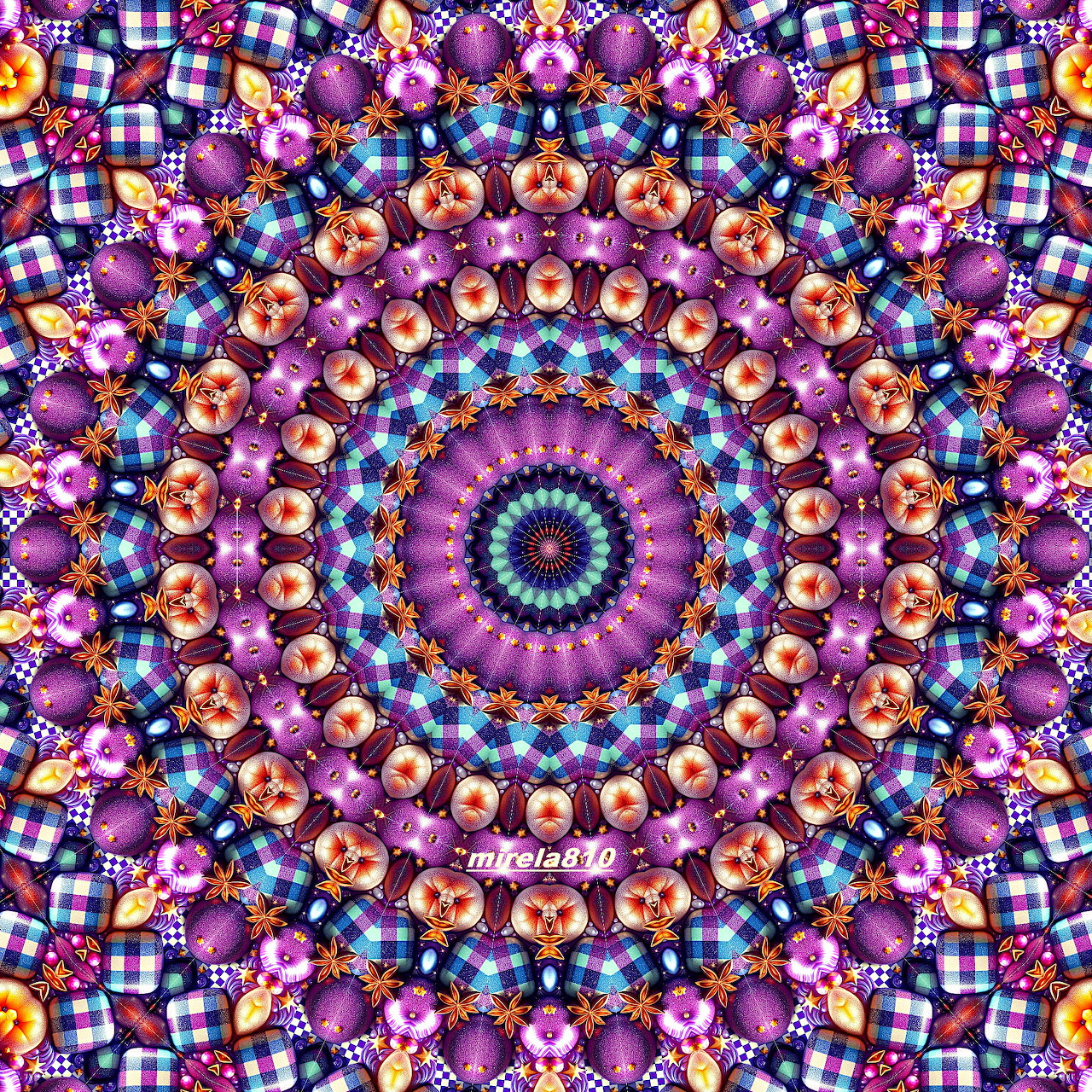Circular mandala with purple and pink geometric patterns radiating from blue center in symmetrical kaleidoscope design