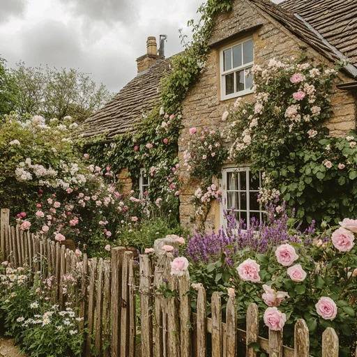 Stone cottage covered in climbing roses and ivy with colorful garden flowers along a picket fence