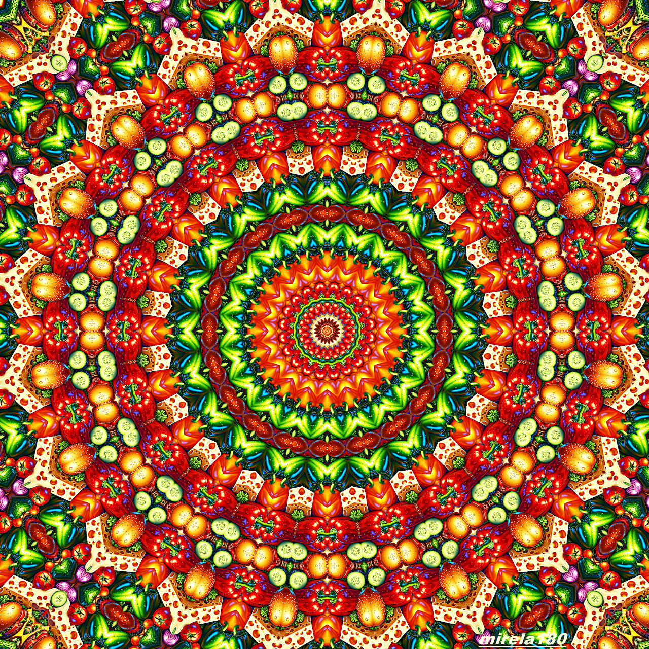 Colorful symmetrical mandala with red, yellow, green circular pattern and intricate geometric floral design