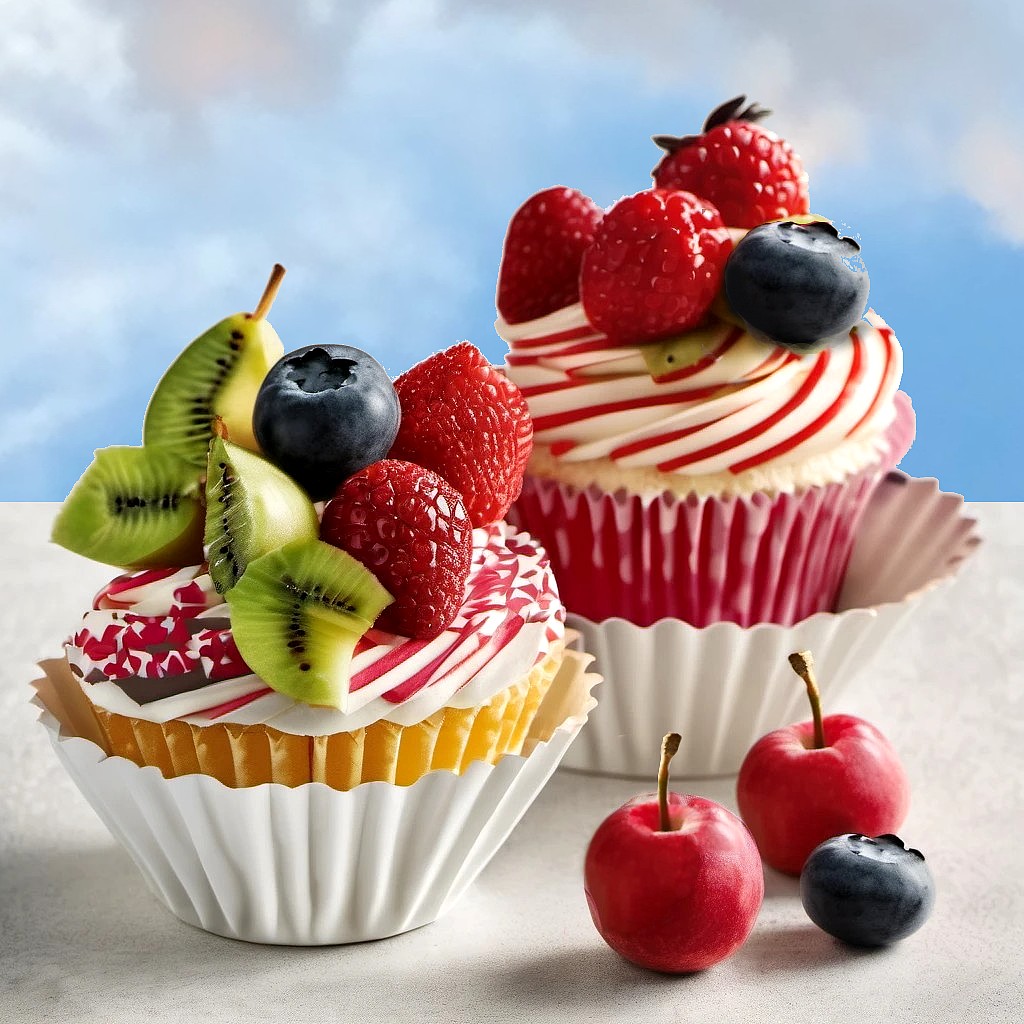 Two cupcakes with berry frosting, kiwi slices, blueberries, raspberries, and cherries on a light surface