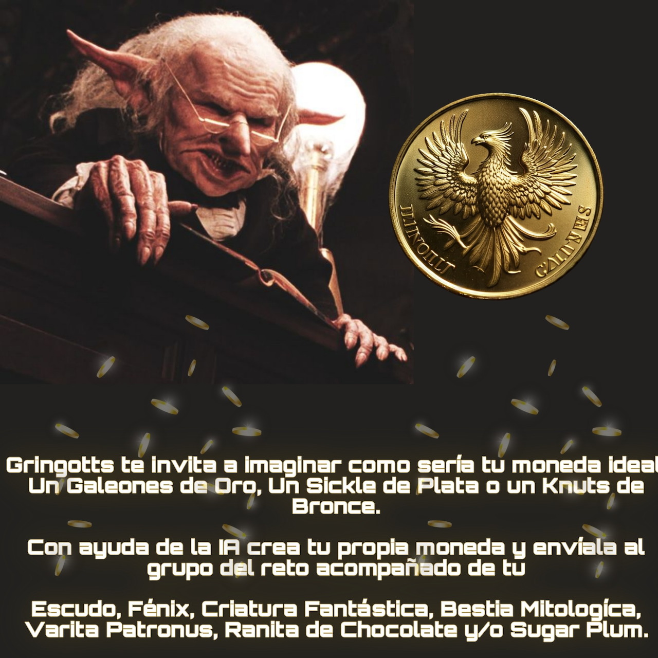 Goblin leaning over a railing next to a gold coin on a dark background with Spanish text