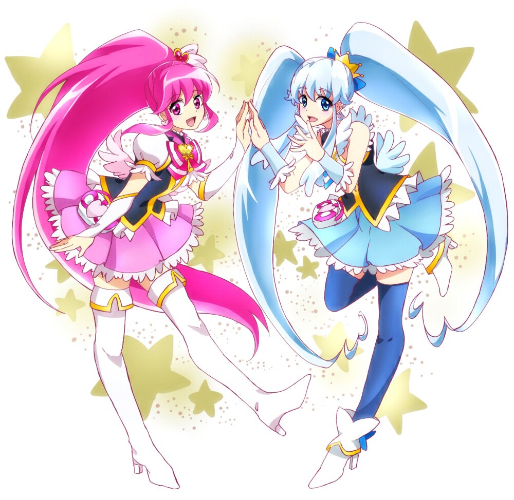 Anime illustration of two Pretty Cure magical girls in pink and blue outfits posing together