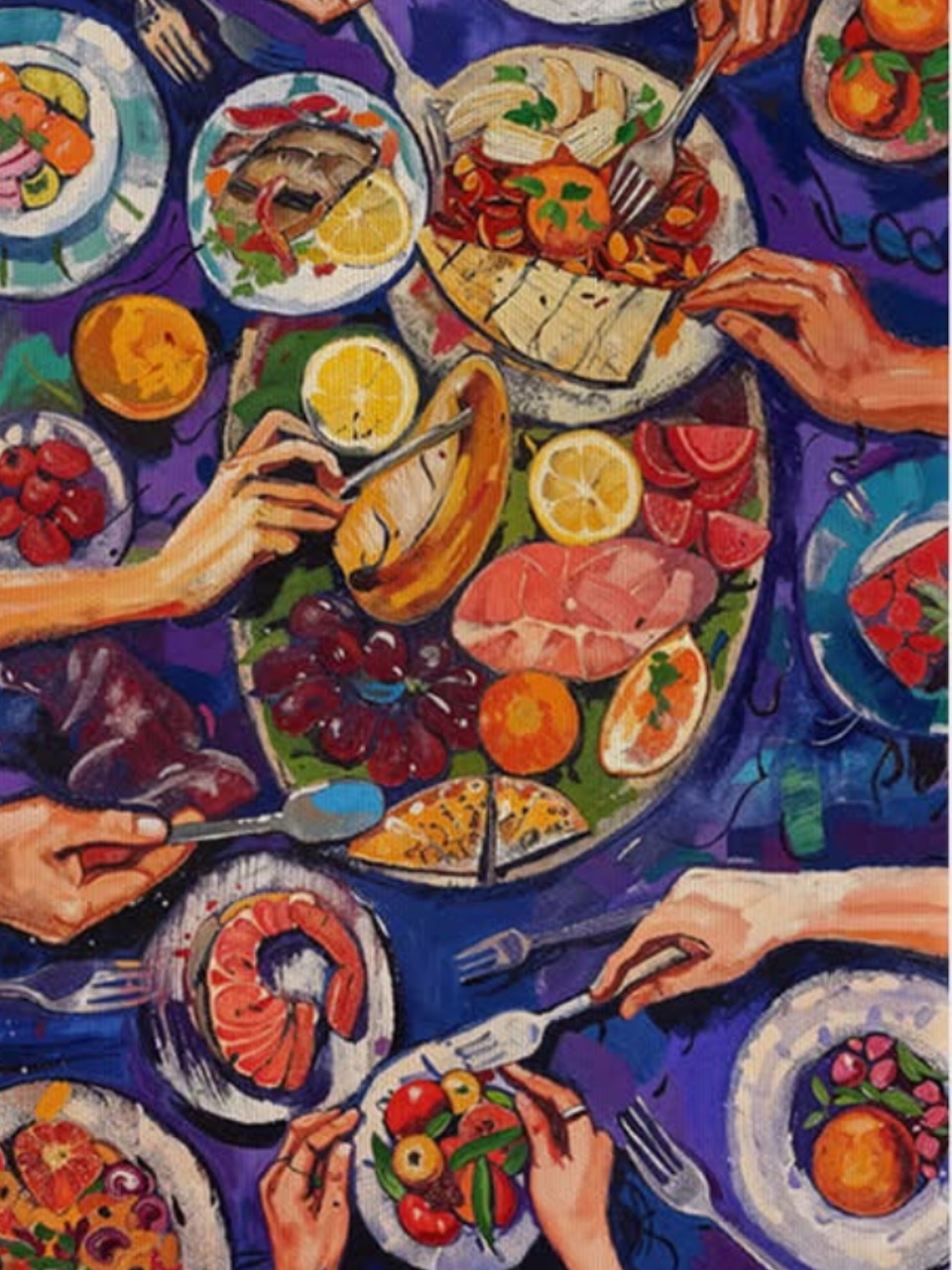 Colorful overhead painting of hands reaching toward a shared food platter on a purple tablecloth