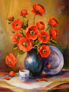 Painting of red poppies in a blue vase with a plate and teacup on a table