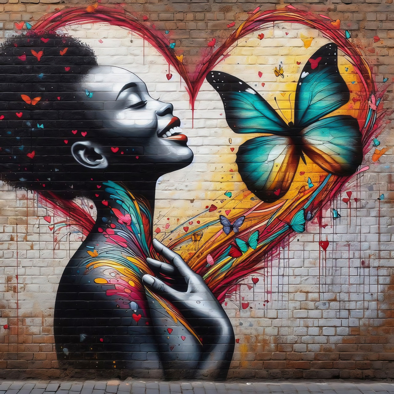 Street art mural of woman's profile with butterfly and heart on brick wall
