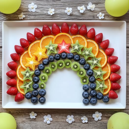 Rainbow-shaped fruit platter with strawberries, oranges, kiwi, blueberries arranged in colorful arcs on white plate