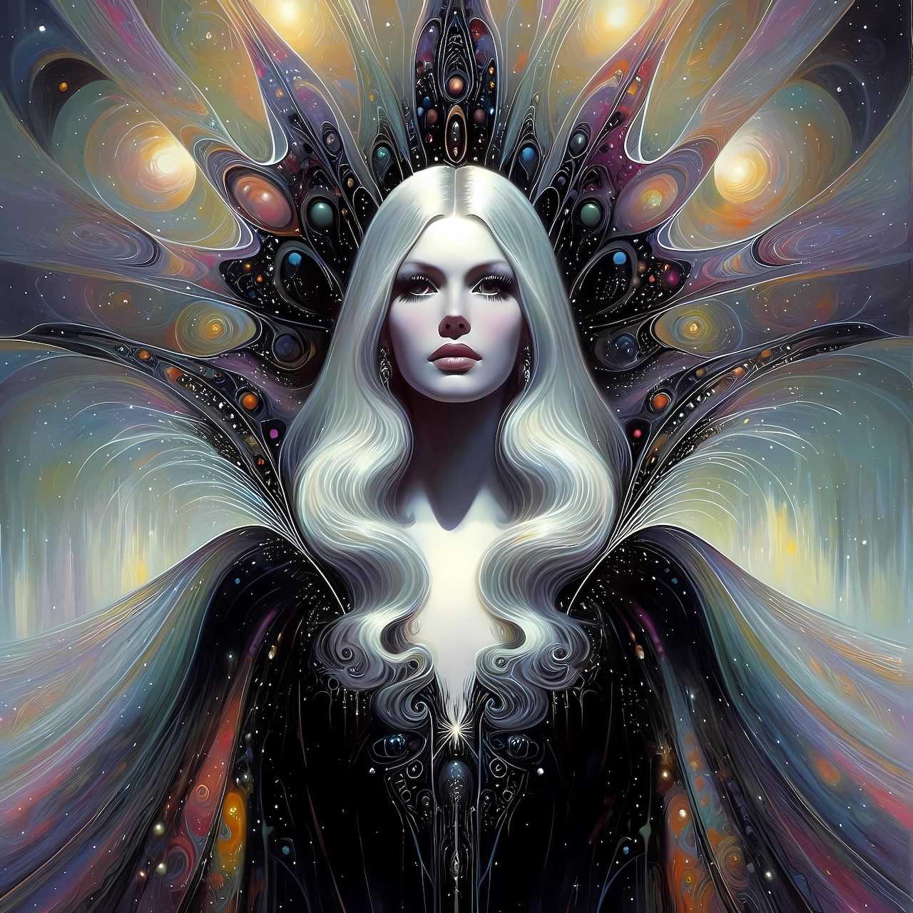 Fantasy illustration of a pale woman with long white hair and glowing abstract wing-like background