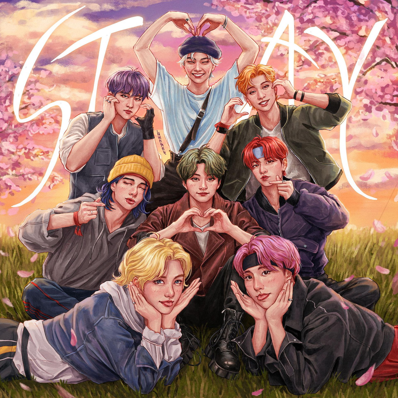 Illustrated fan art of eight young men with colorful hair posing together under cherry blossoms at sunset