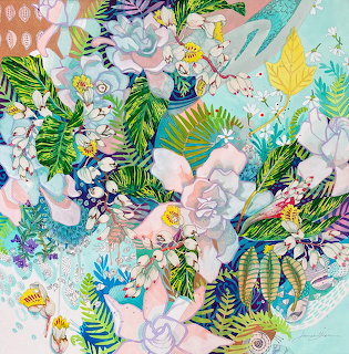 Colorful tropical painting with white shell ginger blooms, green foliage, and whimsical patterns on pastel blue background