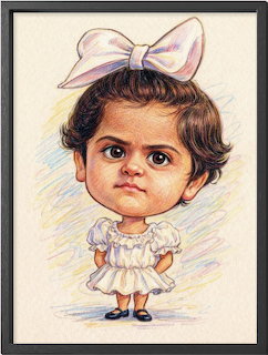 Caricature drawing of a young girl with a big white bow and white dress, large expressive eyes