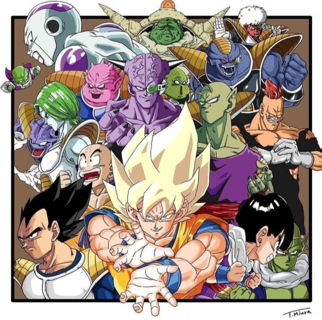 Dragon Ball Z anime character collage with Super Saiyan Goku in the center
