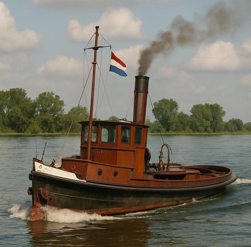 Vintage wooden steam tugboat with Dutch flag sailing on a river with smoke from its funnel