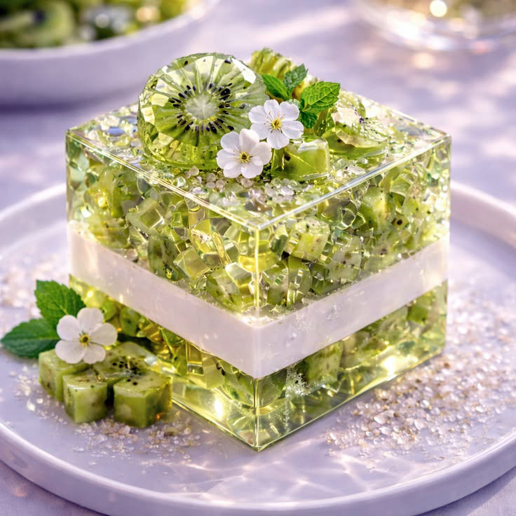 Layered transparent jelly dessert cube with kiwi fruit, white cream, and flowers on top