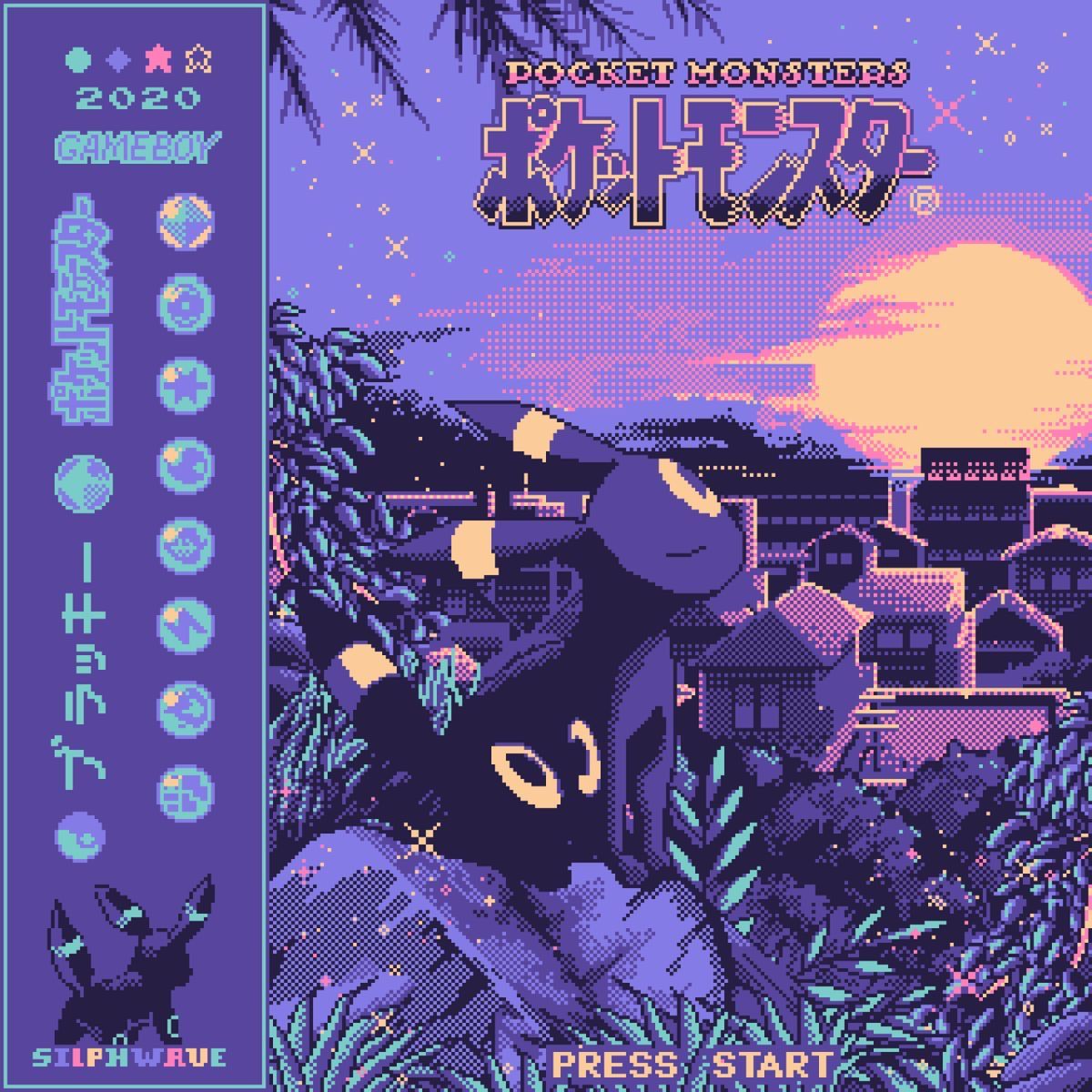 Pixel art of Umbreon Pokémon in purple tropical city scene with retro Game Boy frame and Japanese text