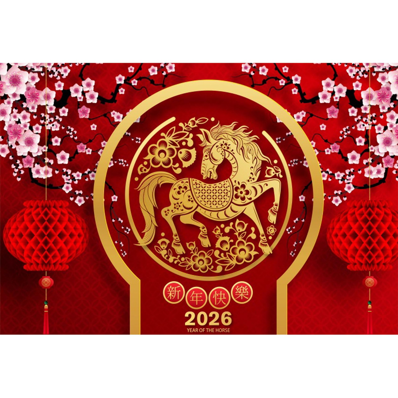 Red and gold Chinese New Year design featuring a decorative horse, blossoms, lanterns, and 2026 text.