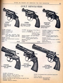 Vintage catalog page displaying six Colt revolvers with model names, specifications, and prices