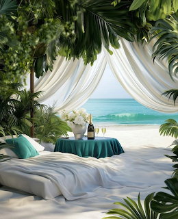 White draped beach cabana with turquoise accents overlooking tropical ocean and sandy beach surrounded by green foliage