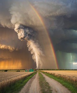 Rainbow beside a dramatic storm cloud over a dirt road and farm fields