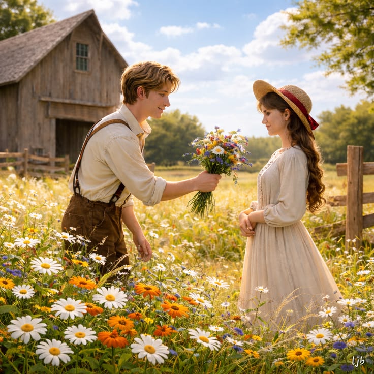 Young couple in vintage clothing sharing flowers in a wildflower meadow beside a country barn under blue sky