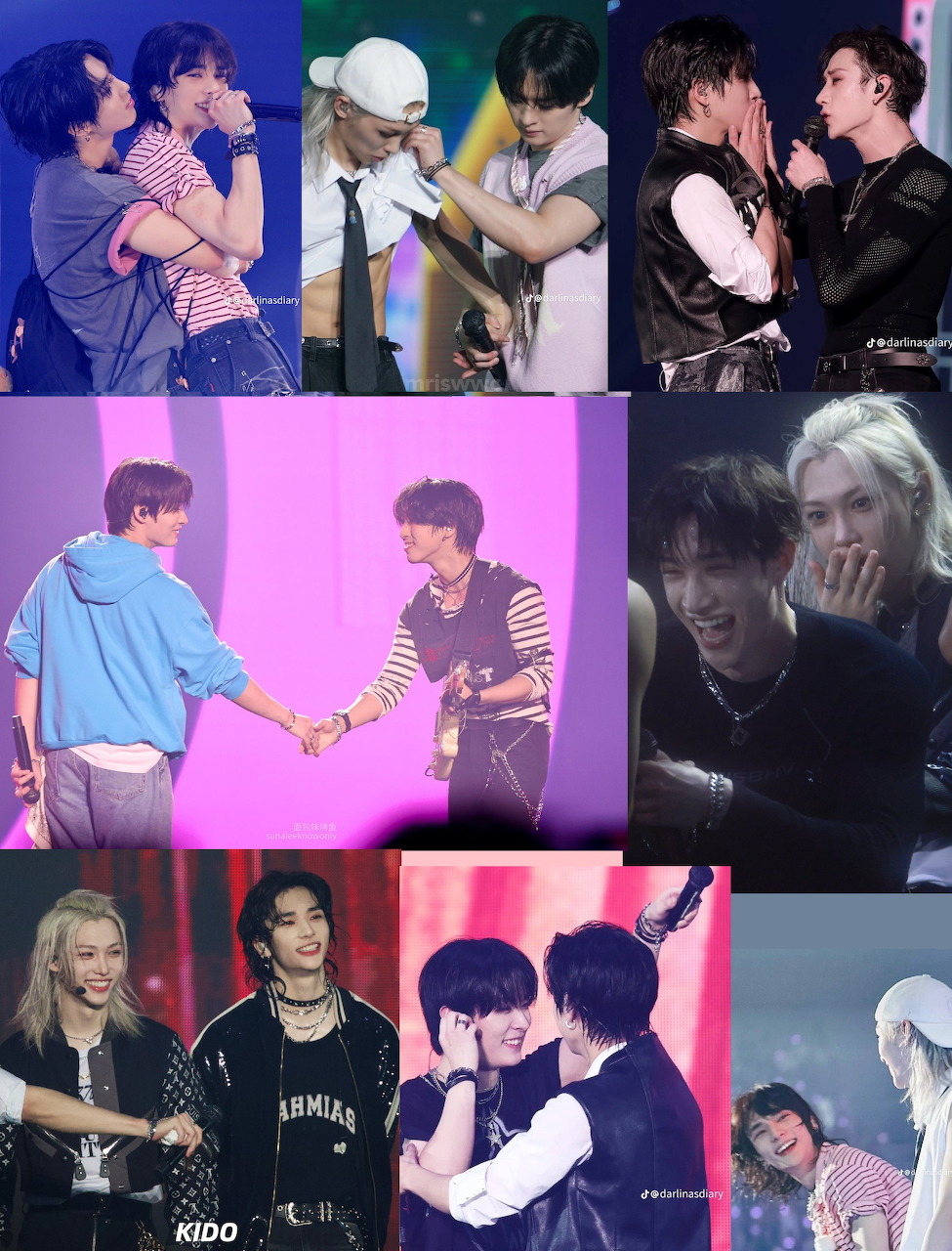 Grid collage showing Stray Kids members performing on stage with vibrant stage lighting and casual fashion