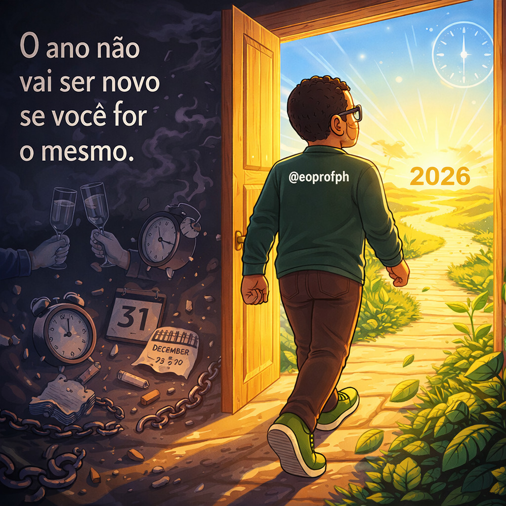 Illustration of a man walking through a doorway from darkness into a bright 2026 landscape