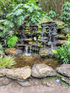 Multi-tiered rock waterfall cascading into a small pond surrounded by lush green tropical plants and ferns