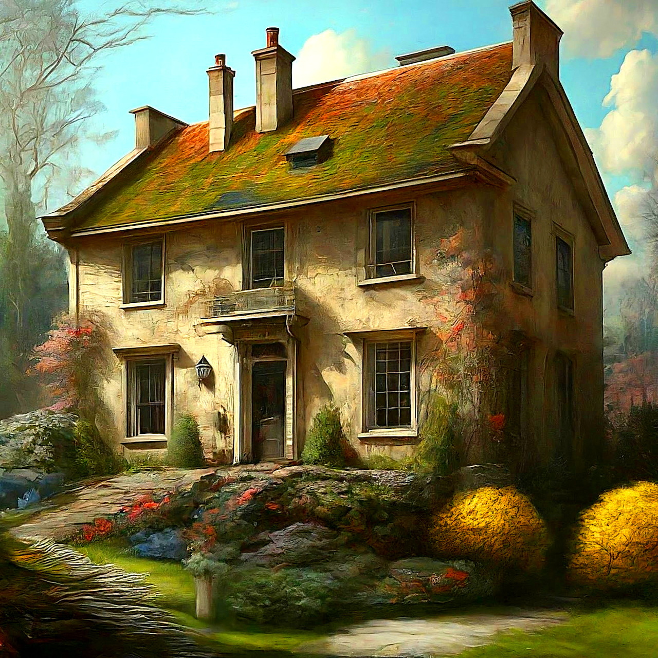 Two-story stone cottage with orange tiled roof, garden path, and flowering bushes under a cloudy sky