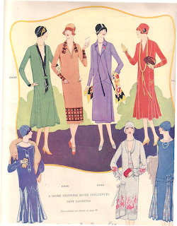 Vintage 1920s fashion illustration with women modeling colorful spring dresses and coats