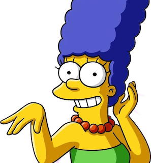 Marge Simpson smiling with raised hands and signature blue hair